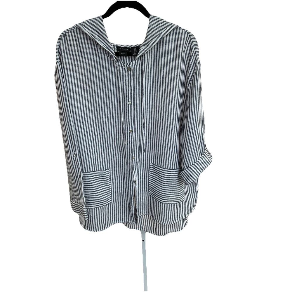 Tahari 100% Linen Button Front Hooded Top Roll Tab Sleeves Striped Pockets 1X
